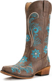 VUN Cowboy Boots For Women Mid Calf Cowgirl Boots Embroidered Pull-On Tabs Snip Toe Boot