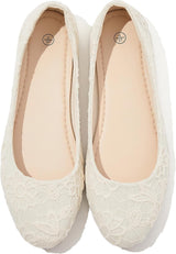 VUN Dress Shoes for Women Round Toe Flats Shoes Lace Ballet Flats - Beige / 5