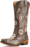 VUN Cowboy Boots For Women Mid Calf Cowgirl Boots Embroidered Pull-On Tabs Snip Toe Boot