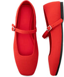 VUN Knit Flats for Women Square Toe Flats Casual Ballet Flats with Ankle Strap,Mary Jane Shoes Women Comfortable for Dressy Office