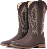 VUN Cowboy Boots For Women Square Toe Western Boots Mid Calf Cowgirl Boots Pull On Embroidered Brown Cowboy Boots
