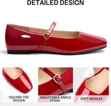 VUN Women's Mary Jane Ballet Flats Square Toe Ankle Strap Shoes for Women Adjustable Buckle Soft Dressy Party Wedding