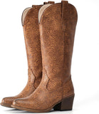 VUN Cowboy Boots For Women Mid Calf Western Cowgirl Boots with Chunky Heel