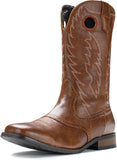 VUN Cowboy Boots For Men Western Boot Classic Embroidered Square Toe Pull On Mid-Calf Boots Round Hole