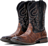 VUN Cowboy Boots Men Square Toe Western Boots Durable Classic Embroidered