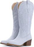 VUN Suede Cowboy Boots For Women Chunky Heel Pointed Toe Cowgirl Boots Mid Calf Western Embroidery fall Boot