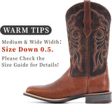 VUN Women's Leather Western Boots Square Toe Cowboy Boots for Women Mid Calf