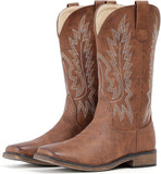 VUN Cowboy Boots For Women Square Toe Western Boots Mid Calf Cowgirl Boots Pull On Embroidered Brown Cowboy Boots