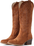 VUN Suede Cowboy Boots For Women Chunky Heel Pointed Toe Cowgirl Boots Mid Calf Western Embroidery fall Boot