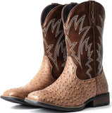 VUN Cowboy Boots For Men Western Ostrich Wide Durable Fashionable Embroidered