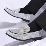 VIM Men's Glitter Dress Shoes Metallic Sequins Tuxedo Luxury Gold Buckle Loafers