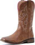 VUN Cowboy Boots For Women Square Toe Western Boots Mid Calf Cowgirl Boots Pull On Fashion Embroidered Cowboy Boots