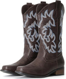 VUN Cowboy Boots For Women Square Toe Cowgirl Boots Mid Calf Western Boots Pull On