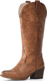 VUN Cowboy Boots For Women Mid Calf Western Cowgirl Boots with Chunky Heel