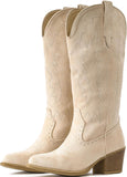 VUN Suede Cowboy Boots For Women Chunky Heel Pointed Toe Cowgirl Boots Mid Calf Western Embroidery fall Boot