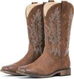 VUN Cowboy Boots For Women Square Toe Western Boots Mid Calf Cowgirl Boots Pull On Embroidered Brown Cowboy Boots