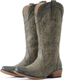 VUN Cowboy Boots for Women Mid Calf Fashion Cowgirl Boots with Embroidery Western Snip Toe