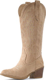VUN Suede Cowboy Boots For Women Chunky Heel Pointed Toe Cowgirl Boots Mid Calf Western Embroidery fall Boot
