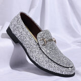 VIM Men's Glitter Dress Shoes Metallic Sequins Tuxedo Luxury Gold Buckle Loafers