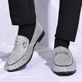 VIM Men's Glitter Dress Shoes Metallic Sequins Tuxedo Luxury Gold Buckle Loafers