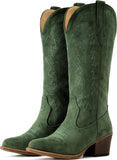 VUN Suede Cowboy Boots For Women Chunky Heel Pointed Toe Cowgirl Boots Mid Calf Western Embroidery fall Boot