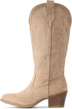 VUN Suede Cowboy Boots For Women Chunky Heel Pointed Toe Cowgirl Boots Mid Calf Western Embroidery fall Boot