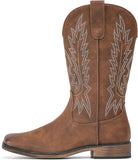 VUN Cowboy Boots For Women Square Toe Western Boots Mid Calf Cowgirl Boots Pull On Embroidered Brown Cowboy Boots
