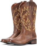 VUN Cowboy Boots For Women Square Toe Cowgirl Boots Mid Calf Western Boots Pull On
