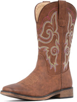 VUN Cowboy Boots For Women Square Toe Western Boots Mid Calf Cowgirl Boots Pull On Fashion Embroidered Cowboy Boots - Red/Brown / 5 Wide