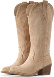 VUN Suede Cowboy Boots For Women Chunky Heel Pointed Toe Cowgirl Boots Mid Calf Western Embroidery fall Boot