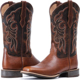 VUN Women's Leather Western Boots Square Toe Cowboy Boots for Women Mid Calf